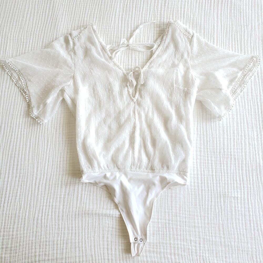 Abercrombie & Fitch Womens S Semi Sheer Bodysuit White Open Back Coquette Boho